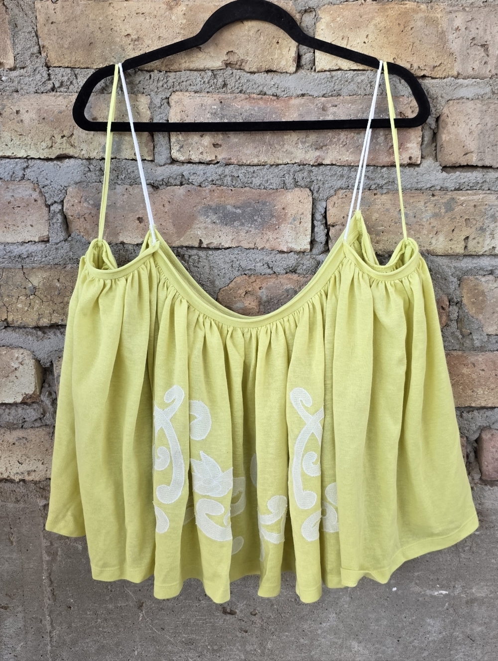 Free People Lemon Yellow Spaghetti-Strap Camisole with White Embroidery Size L